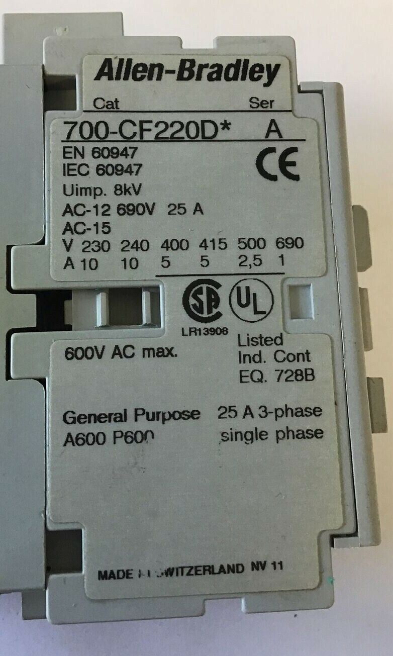ALLEN BRADLEY 700-CF220D* SER.A CONTACTOR 25A 600VAC