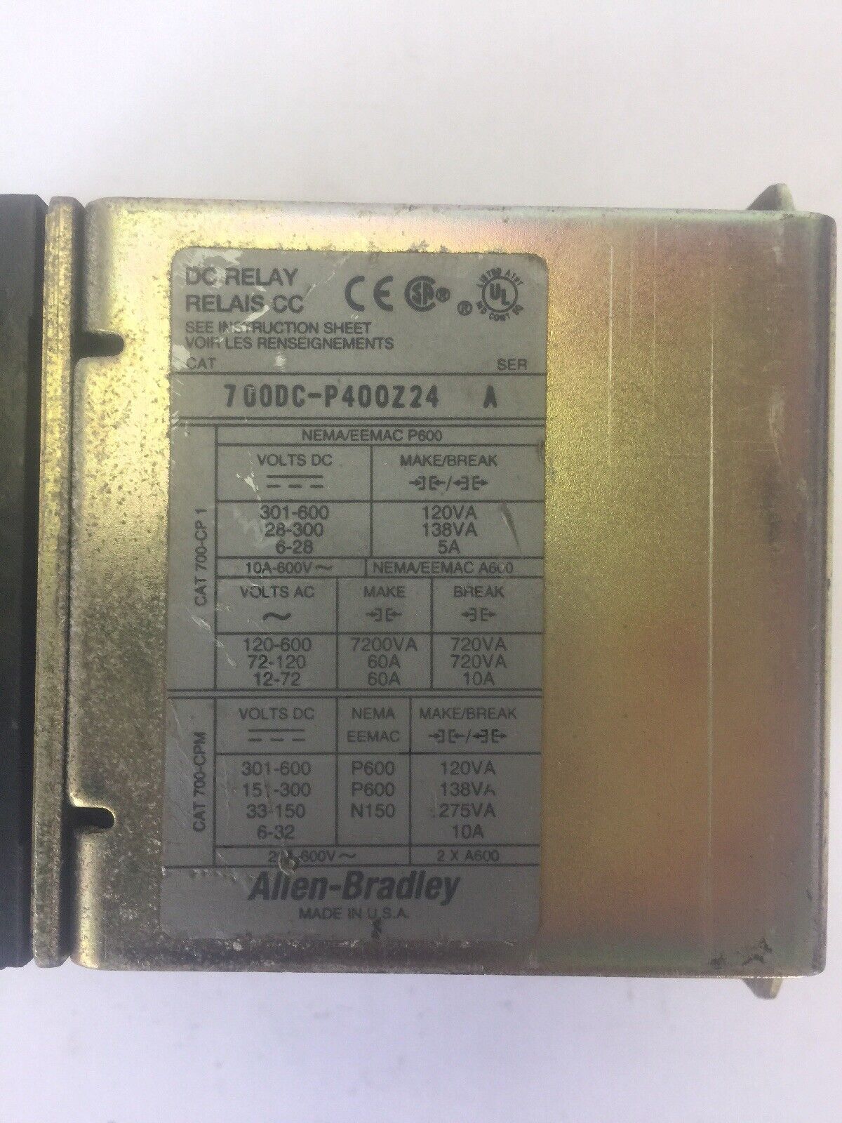 ALLEN BRADLEY 700DC-P400Z24 DC RELAY SER A 600V PD714 COIL 24 VDC BULLETIN 700DC