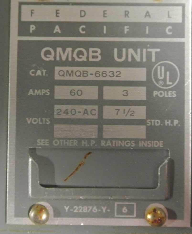 FEDERAL PACIFIC QMQB-6632 TWIN PANELBOARD SWITCH - 240VAC, 60A, 3-POLE, 7-1/2HP