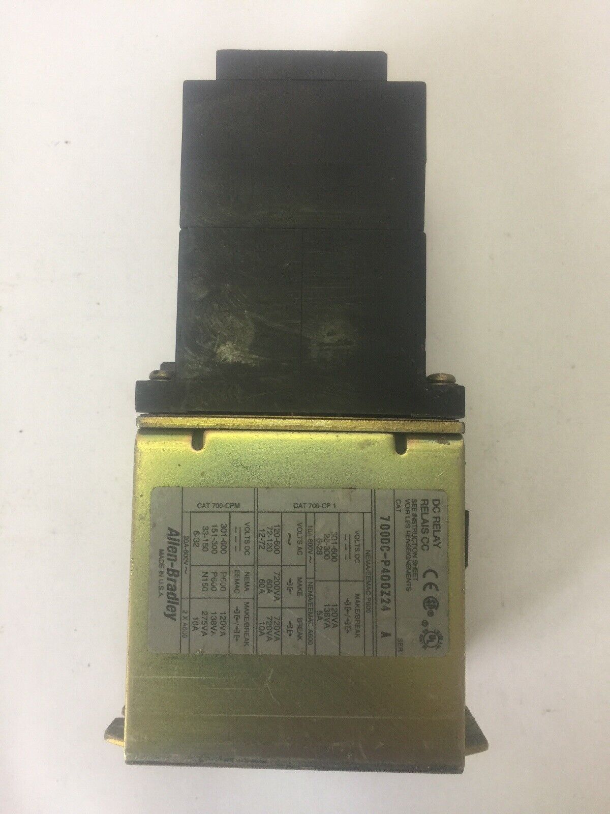 ALLEN BRADLEY 700DC-P400Z24 DC RELAY SER A 600 V PD714 COIL 24VDC BULLETIN 700DC