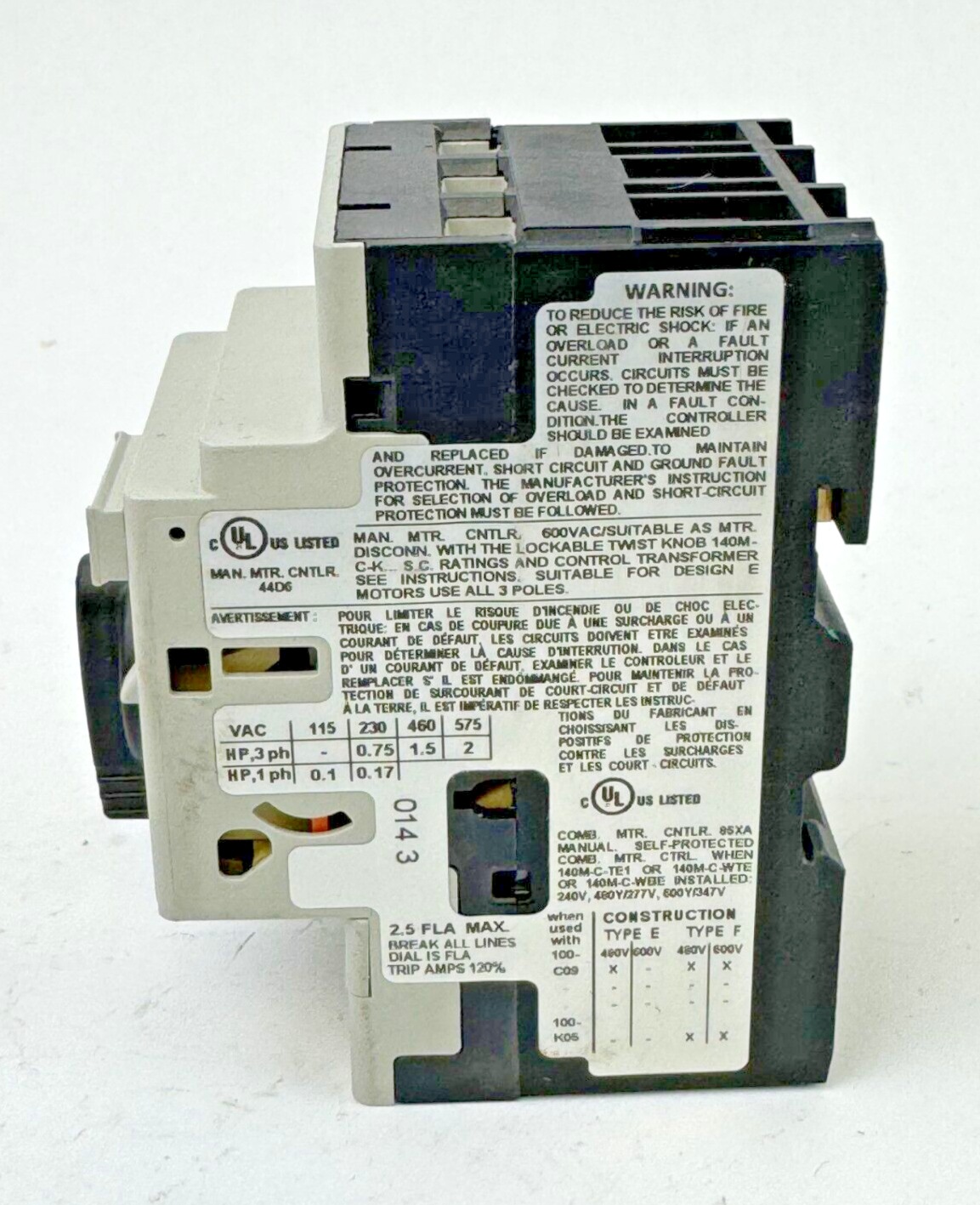 ALLEN-BRADLEY - 140M-C2E-B25 SER. D - MANUAL MOTOR PROTECTOR - 1.6 A - 2.5 A