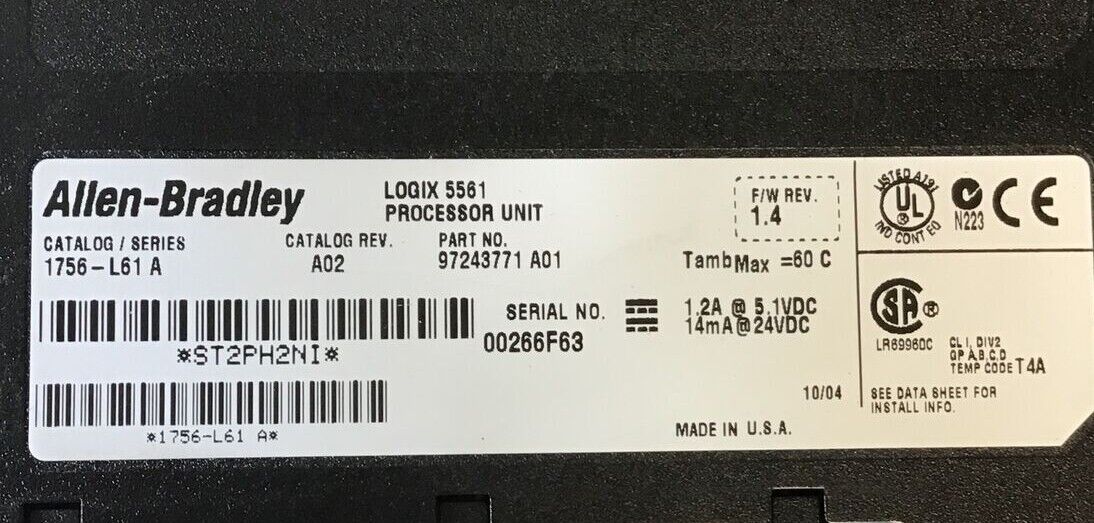 ALLEN BRADLEY 1756-L61 SER.A PROCESSOR UNIT F/W REV. 1.4 CAT.REV.A02