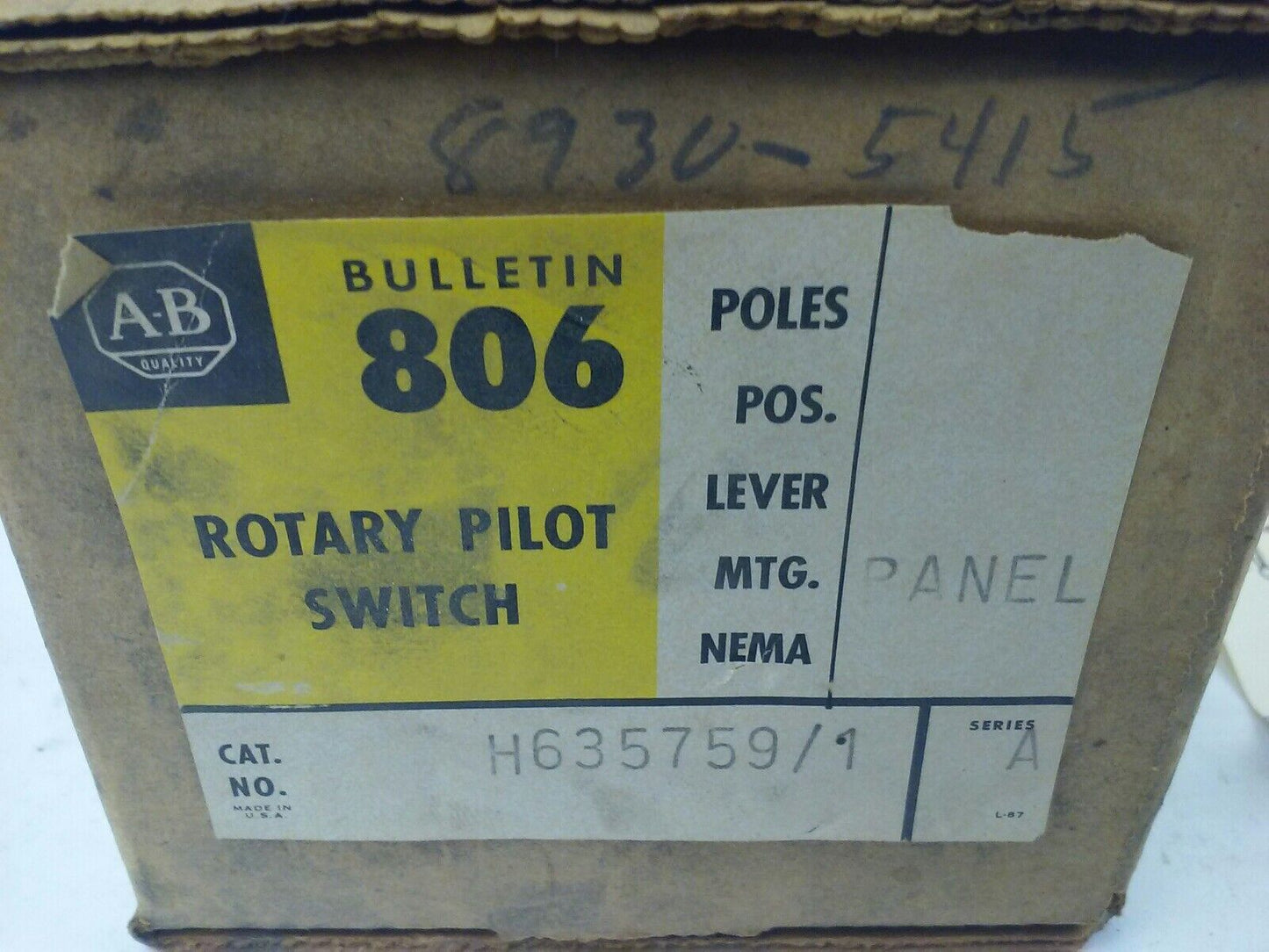 ALLEN BRADLEY BULLENTIN 806 H636759-1 SER. A, ROTARY PILOT SWITCH, 3 CIRCUITS