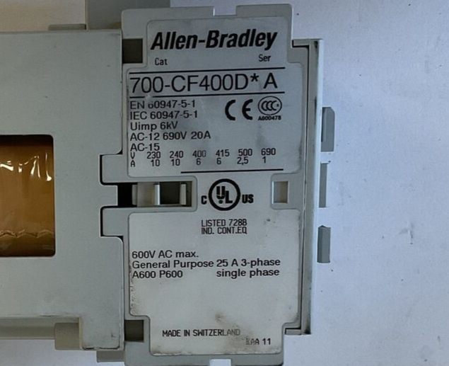 ALLEN BRADLEY 700-CF400D* CONTACTOR SER.A 690V 20A 24VDC