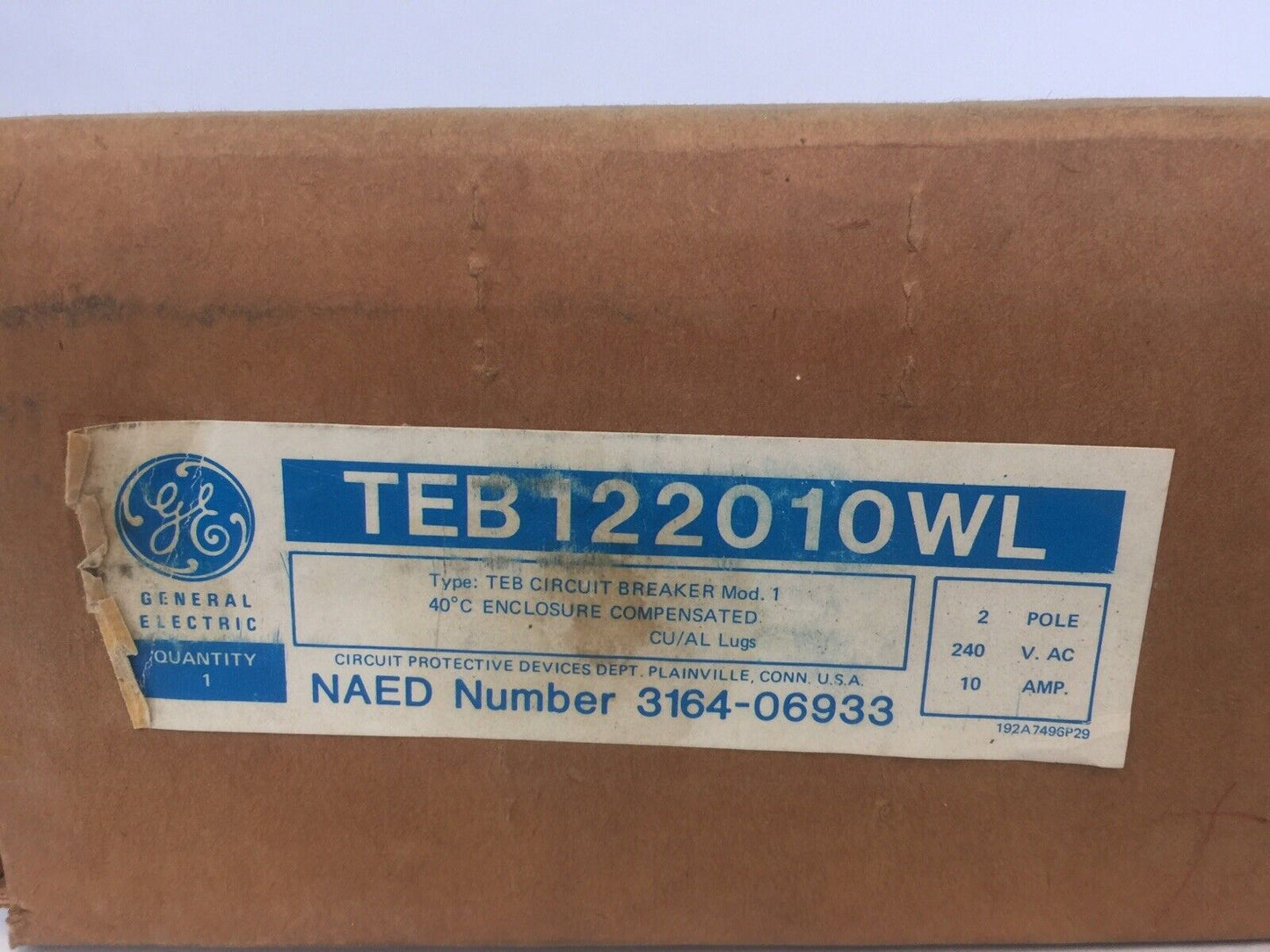 GE TEB122010WL CIRCUIT BREAKER 10AMP 240VAC 2POLE