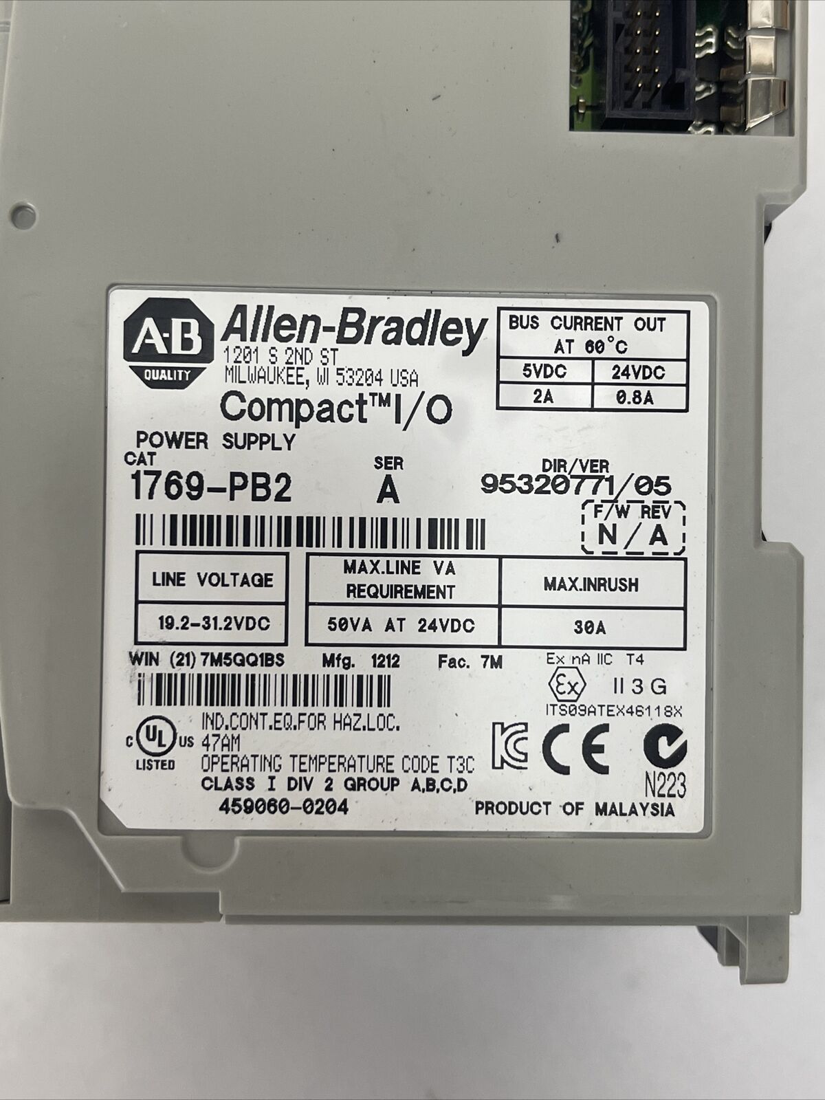 ALLEN BRADLEY 1769-PB2 SER A F/W REV N/A DIR/VER 95320771/05 COMPACT I/O POWER
