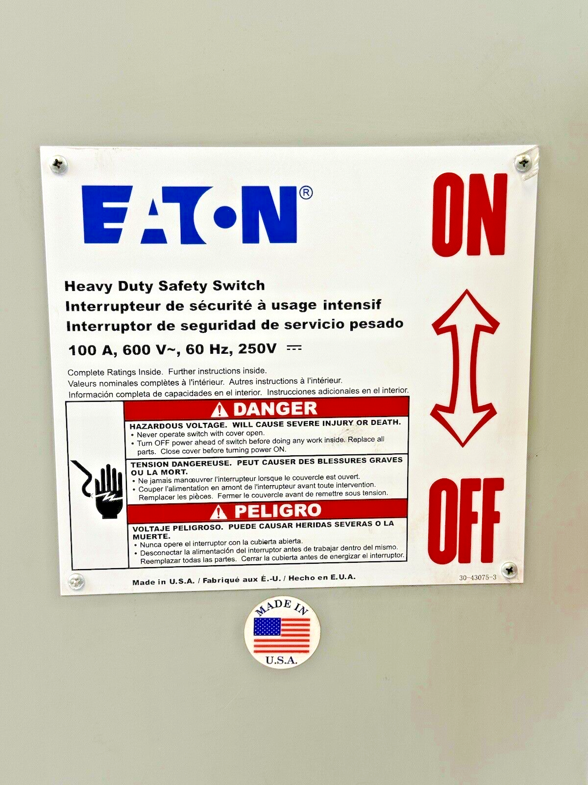EATON - DH363NRK - RAINPROOF FUSIBLE SAFETY SWITCH - 100A/600VAC/3 POLE/TYPE 3R
