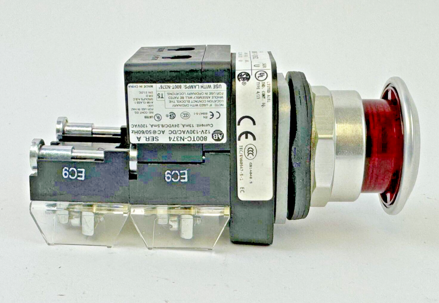 ALLEN-BRADLEY - 800T-FXQH2RG1 SER. U - RED MUSHROOM PUSH/PULL BUTTON W/ BLOCK