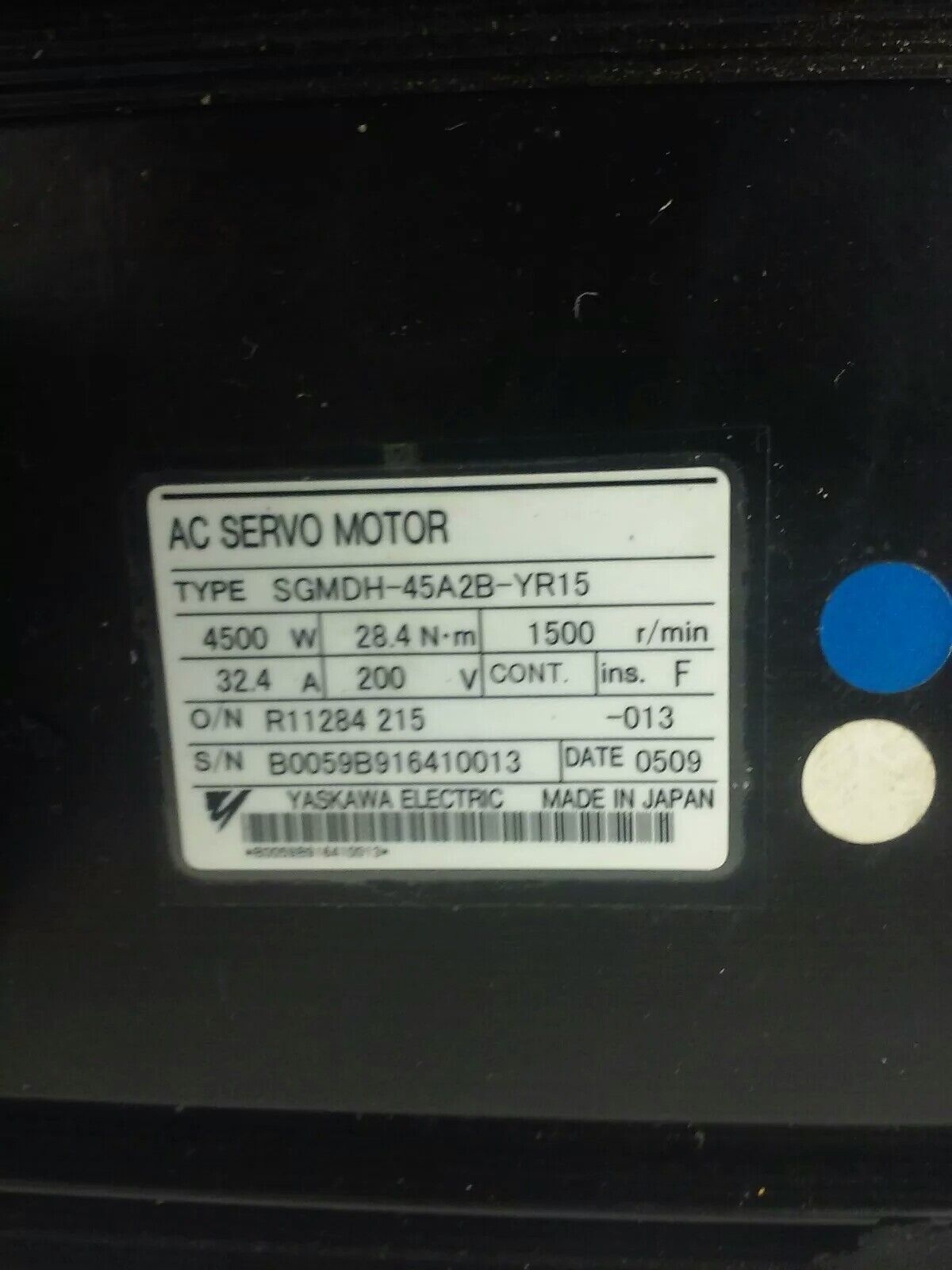 YASKAWA SGMDH-45A2B-YR15 AC SERVO MOTOR, 4500W, 200V, 32.4A, 28.4Nm,UTSAE-B17BBF