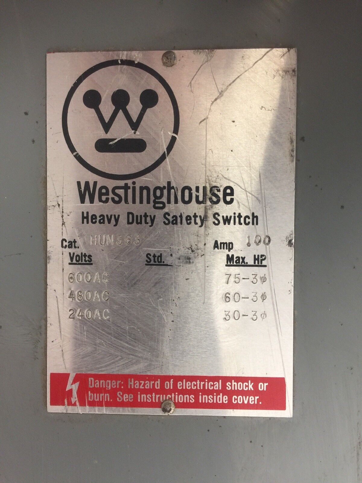 WESTINGHOUSE HUN363 HEAVY DUTY SAFETY SWITCH 100AMP 600VAC 75HP TYPE 1 ENCLOSURE