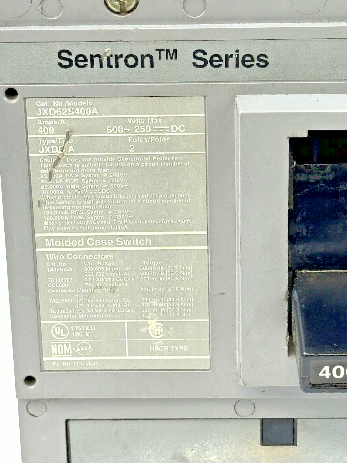 SIEMENS - JXD62S400A - SWITCH W/ A01JLDLV LOW VOLT AUX SWITCH 2 POLE/400A/600VAC