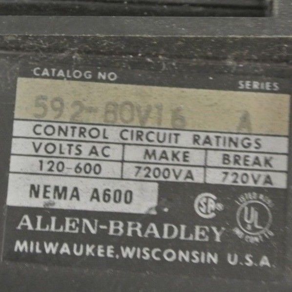 ALLEN-BRADLEY 592-BOV16, Ser. A - MANUAL RESET RELAY / 3P / 40A