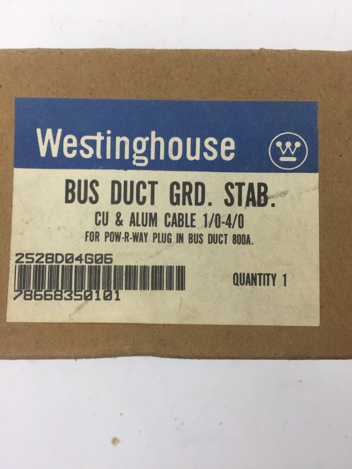 WESTINGHOUSE BUS DUCT GRD STAB CU & ALUM CABLE 1/0-4/0 FOR POW R WAY PLUG IN BUS