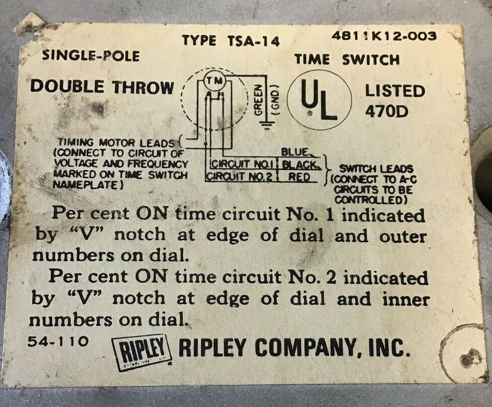 RIPLEY TYPE TSA-14 REPEAT CYCLE TIMER 107CEDD1AEM 30MIN 240VAC 60CYCLES