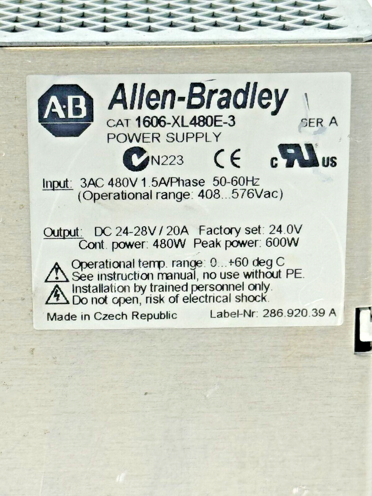 ALLEN-BRADLEY - 1606-XL480E-3 SER. A - POWER SUPPLY - 480 W, 24 VDC