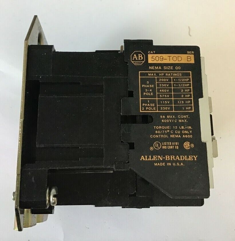 ALLEN BRADLEY 509-TOD FULL VOLTAGE STARTER SER.B 3PH 9A 600VAC 2HP