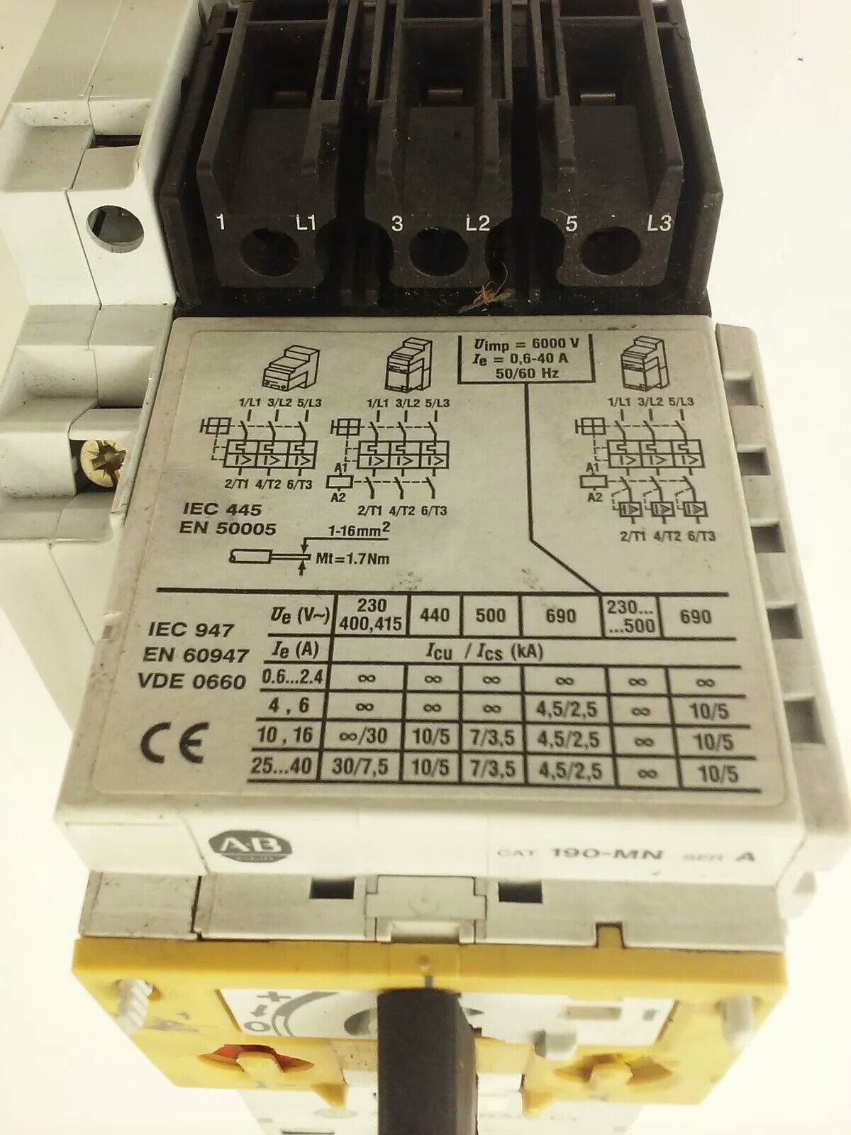 ALLEN-BRADLEY STARTER 190-MN, 190-P010, 190-A40, 190-A11, 199-FSMA1, 120V COIL