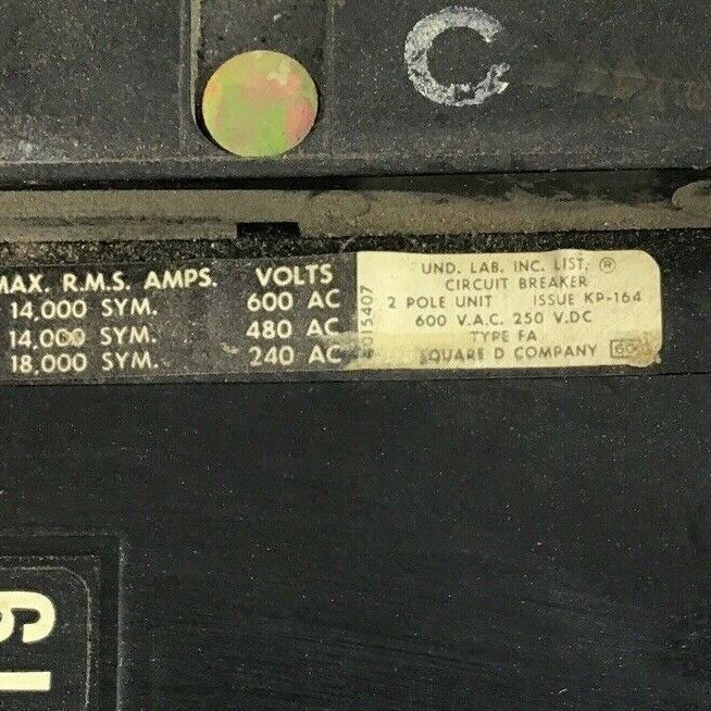 SQUARE D FA26020AC CIRCUIT BREAKER 20A 2POLE 600VAC 250VDC