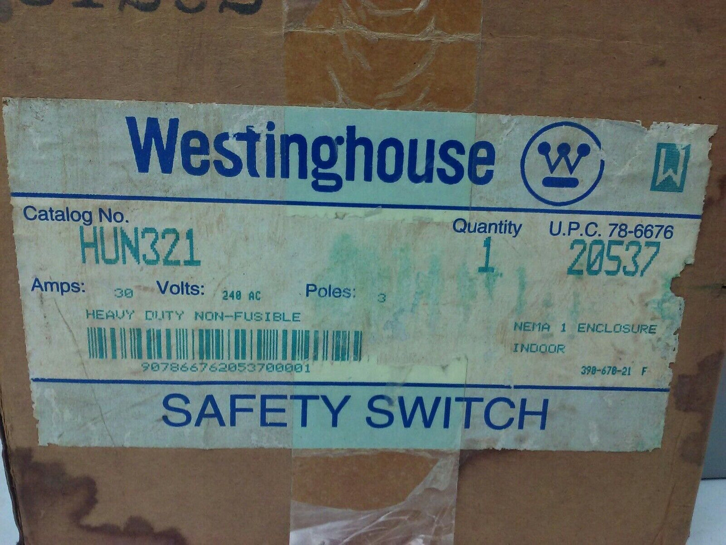 WESTINGHOUSE HUN321 SAFETY SWITCH INDOOR, 30A, 3P, 240V, NON FUSIBLE, NEMA 1