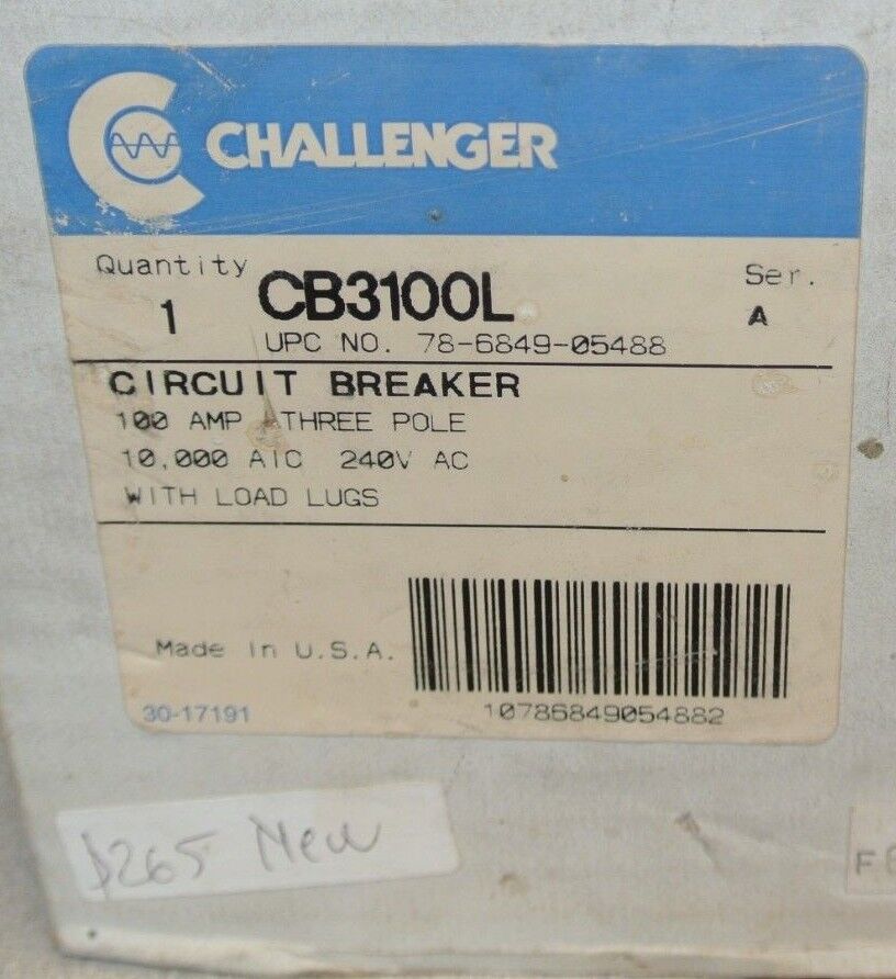 CHALLENGER CB3100L CIRCUIT BREAKER 100A / 240VAC / 3-POLE / NEW SURPLUS