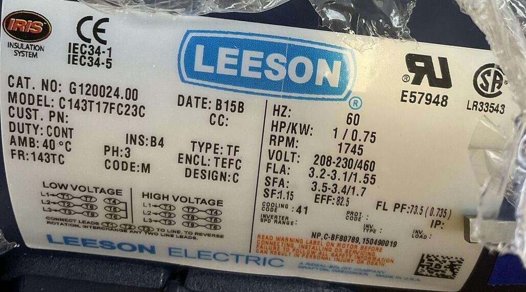 LEESON G120024.00 MOTOR C143T17FC23C 1745RPM 60HZ 1HP 460V FR143TC