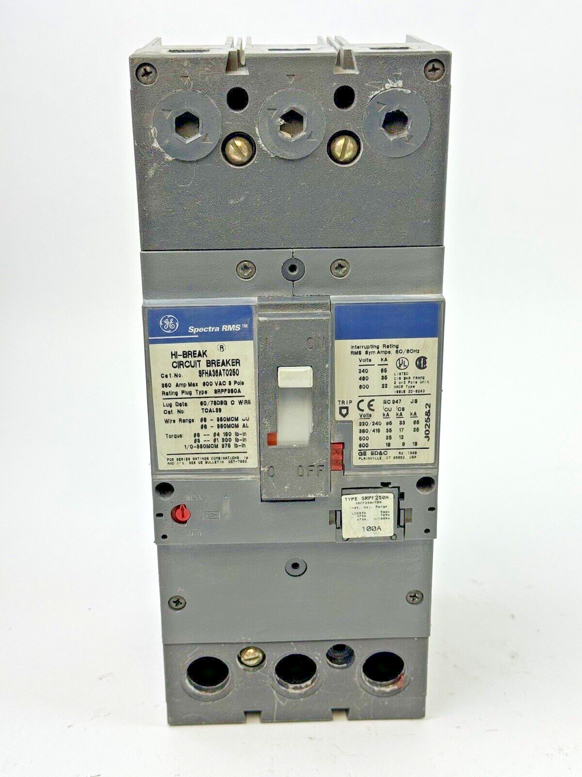 GE - SFHA36AT0250 - HI-BREAK CIRCUIT BREAKER - 3 POLE/250A/600VAC W/ 100A TRIP