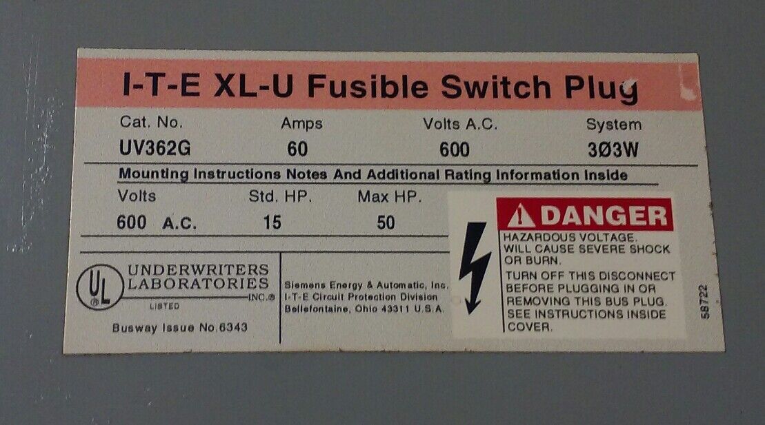 SIEMENS I-T-E XL-U FUSIBLE SWITCH PLUG UV362G - 60A, 600V