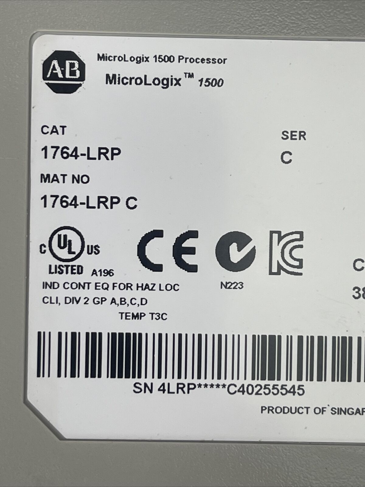 ALLEN BRADLEY 1764-LRP MICROLOGIX 1500 PROCESSOR SER C FW 14 380mA @ 5VDC