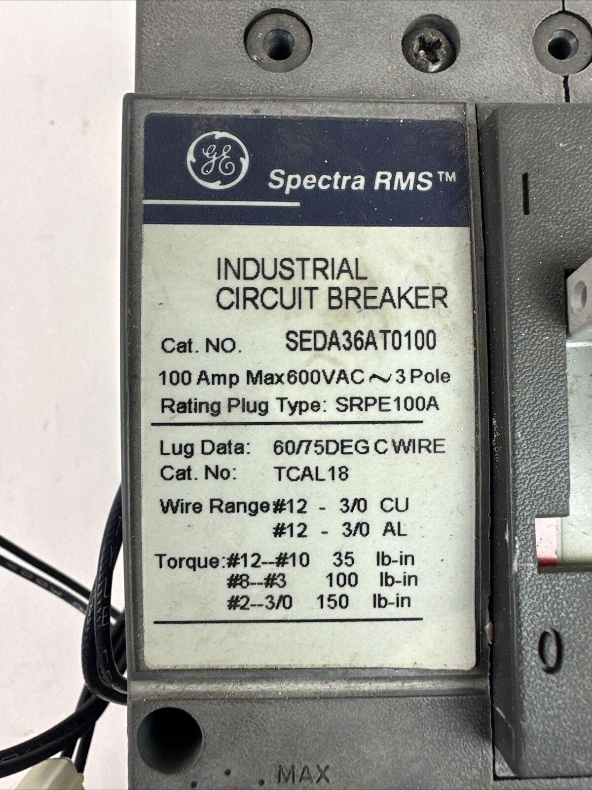 GE SEDA36AT0100 INDUSTRIAL CIRCUIT BREAKER 100A 600VAC 3P TYPESRPE100A 70A TRIP