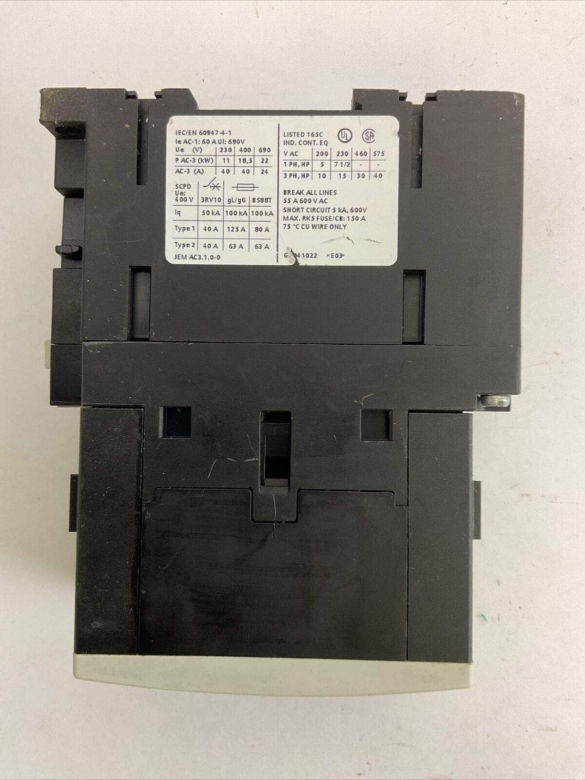 SIEMENS 3RT1035-1BB44 CONTACTOR 55A 600VAC 3PH 40HP COIL 24VDC