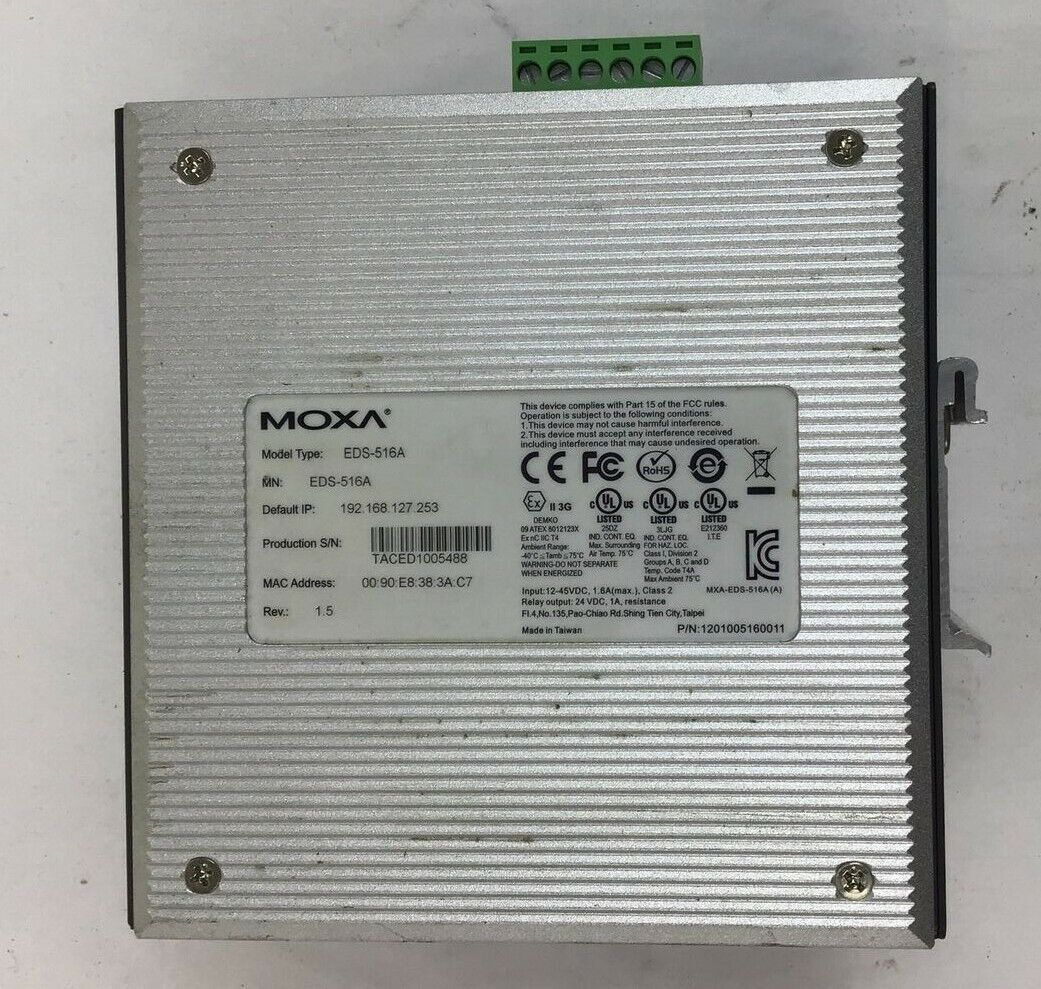 MOXA EDS-516A ETHERNETDEVICE SWITCH REV. 1.5 12-45VDC 1.6A CLASS2