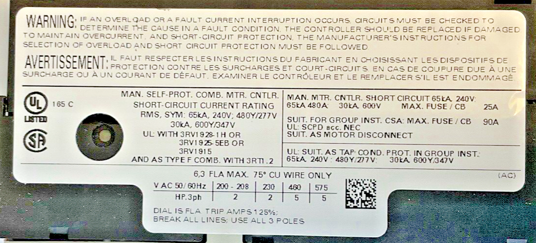 SIEMENS 3RV1021-1GA10 COMBINATION MOTOR CONTROL 4.5-6.3A