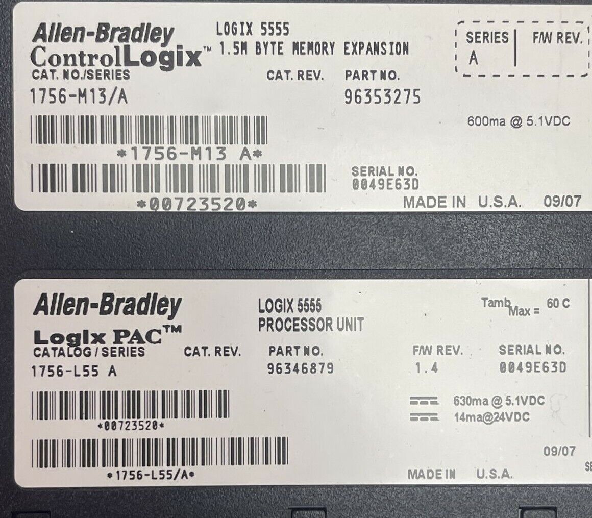 ALLEN BRADLEY 1756-L55 SER A F/W REV 1.4 LOGIX PROCESSOR UNIT 1756-M13 SER A