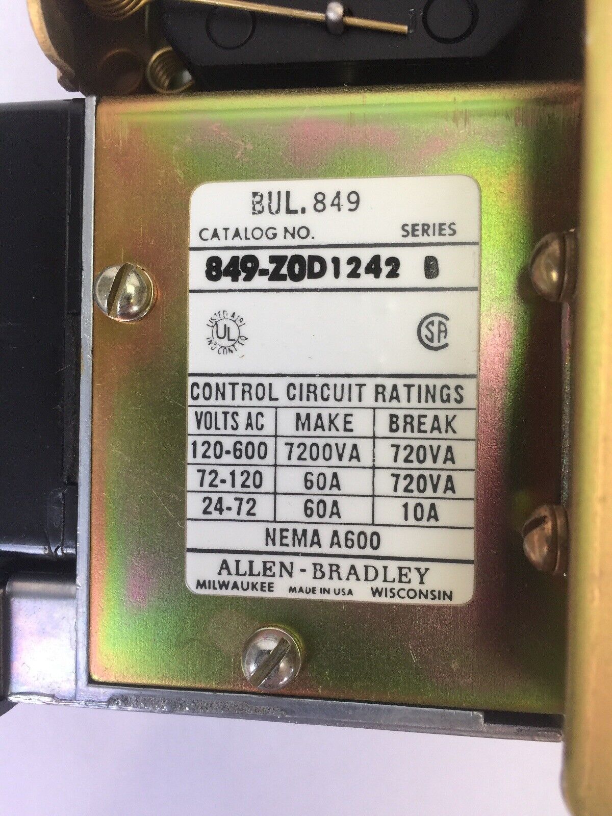 ALLEN BRADLEY 849-Z0D1242 PNEUMATIC TIMING RELAY 600VAC 21A86 COIL 120V 60HZ