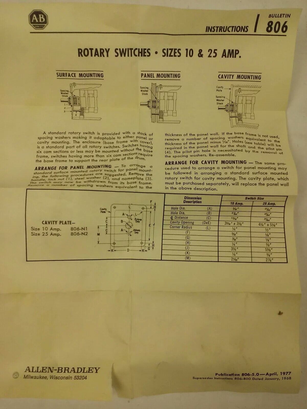 ALLEN BRADLEY BULLENTIN 806 H636759-1 SER. A, ROTARY PILOT SWITCH, 3 CIRCUITS