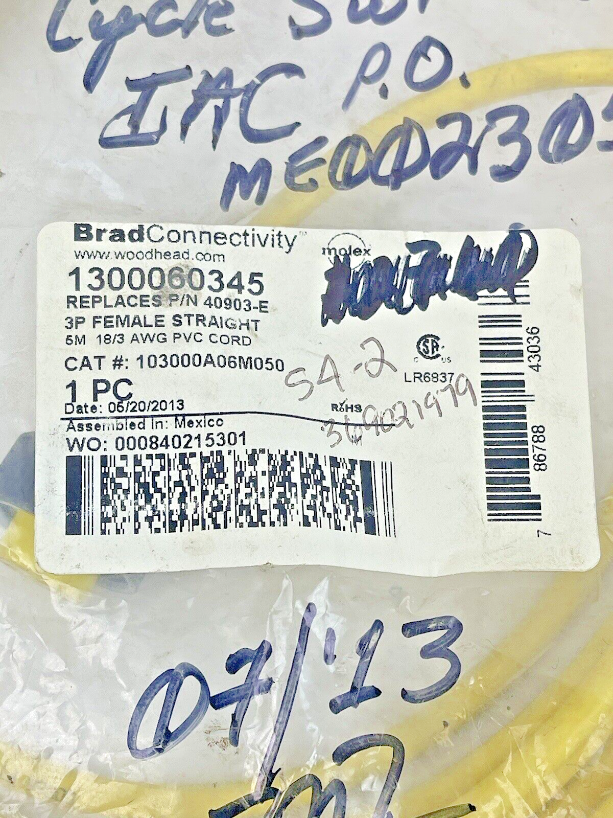 WOODHEAD / BRAD - 1300060345 - 5M 18/3 AWG PVC CORDSET - REPLACES P/N 40903-E