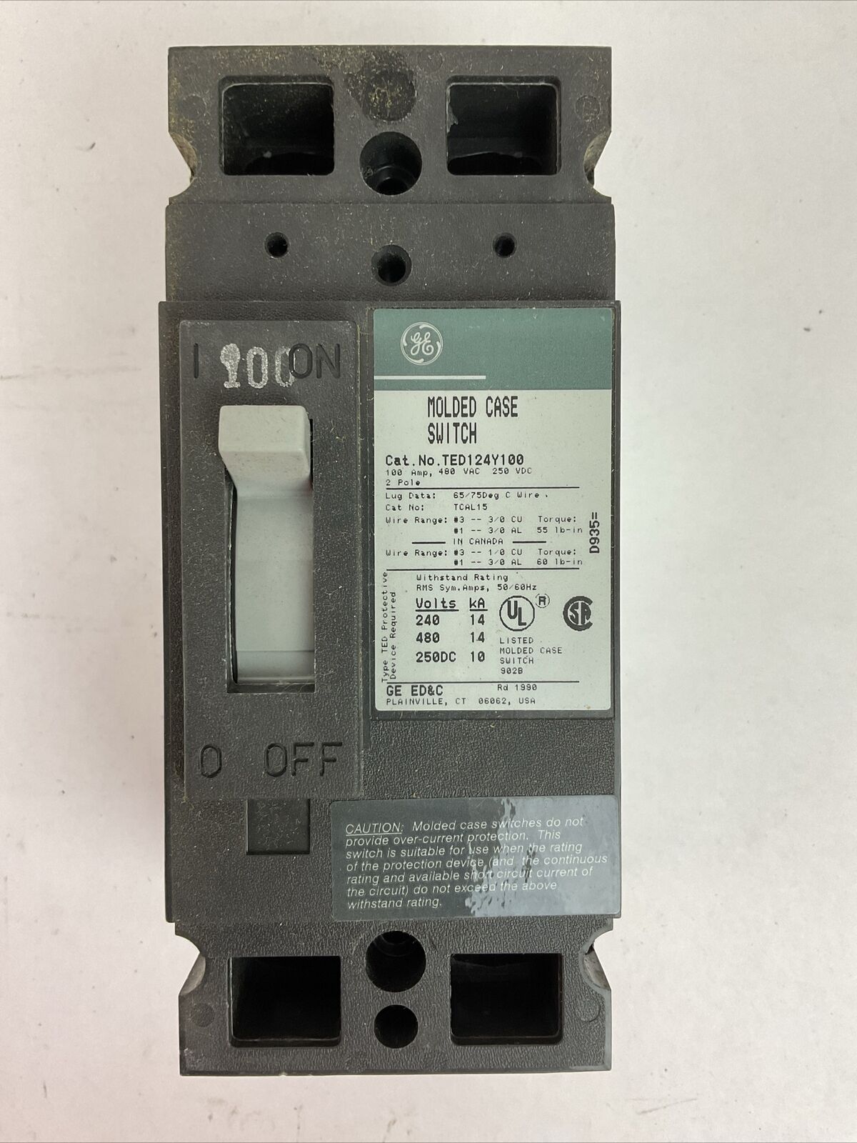 GE TED124Y100 MOLDED CASE SWITCH 2POLE 100AMP 480VAC 250VDC MODEL 3