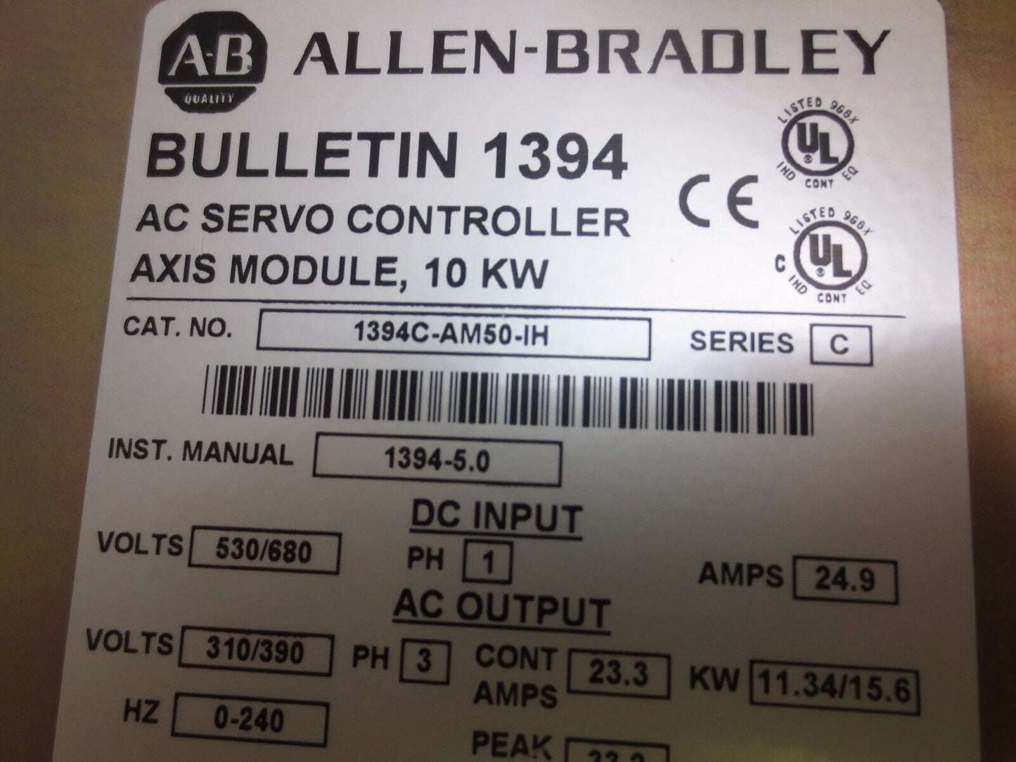 ALLEN-BRADLEY 1394C-AM50-1H Ser. C - AC SERVO CONTROLLER AXIS MODULE, 10KW