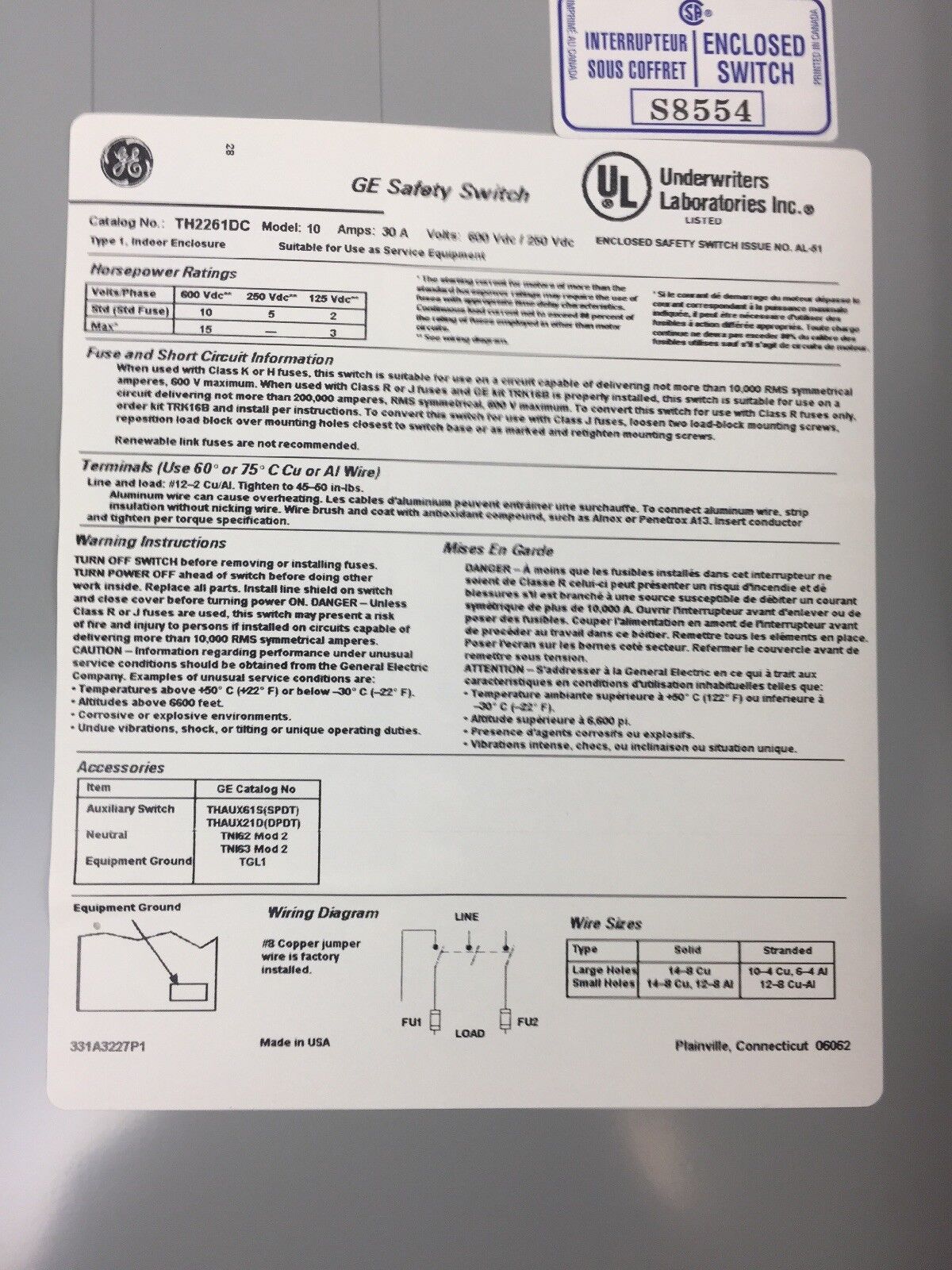 GE TH2261DC HEAVY DUTY SAFETY SWITCH 600 MAX VAC 250 MAX VDC 30 AMPS 2 POLES