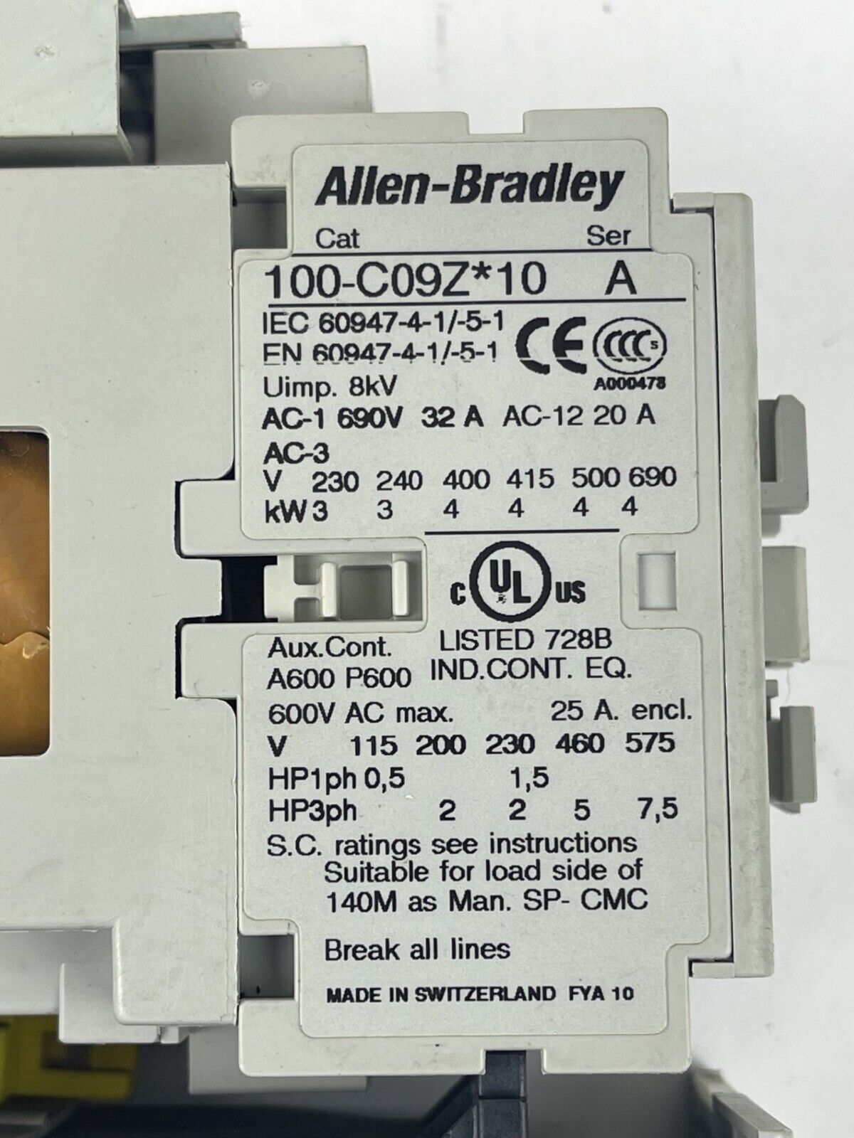 ALLEN BRADLEY - 193-EEBB SER. B RELAY & 100-C09Z*10 SER. A 25VDC & 100-FSD250 A