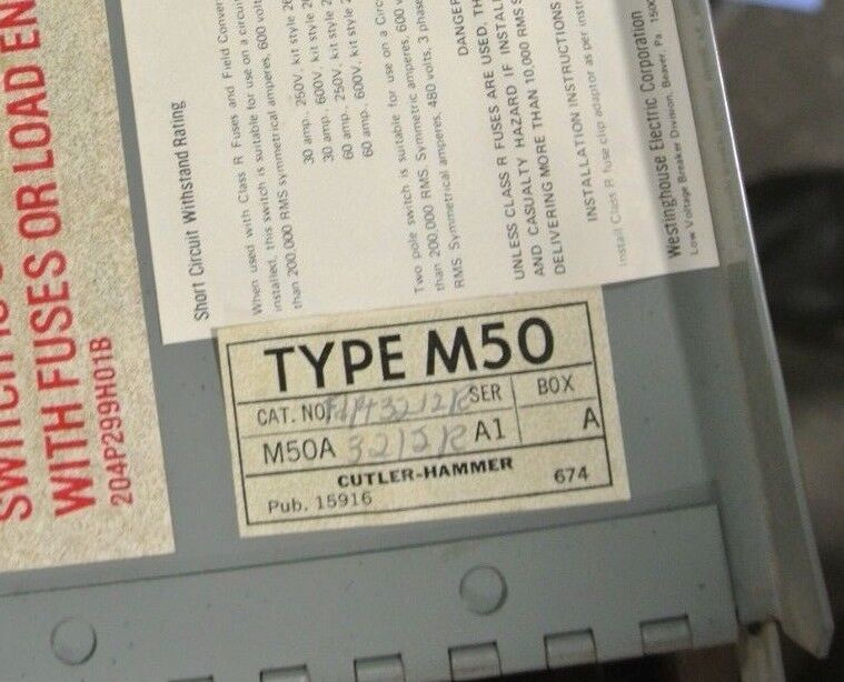 CUTLER-HAMMER FDPT3212R TYPE M50 - TWIN PANELBOARD SWITCH - 240VAC, 30A, 3-POLE