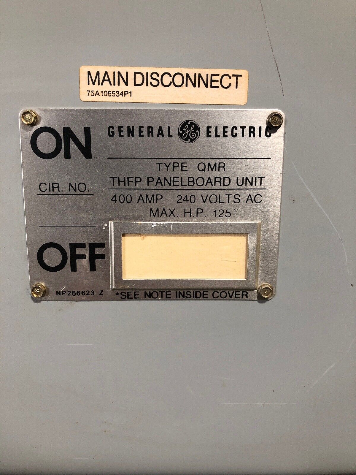 GE TYPE QMR THFP325 400 Amp 240VAC 250DVC Panelboard Unit W/Hardware