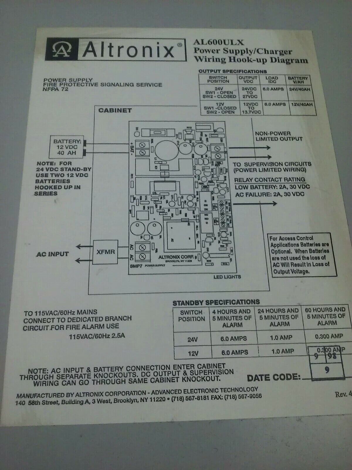 AUDIOSONE ALTRONIX AL600ULX POWER SUPPLY/CHARGER SMP7PM BOARD PS-1270 F1 BATTERY