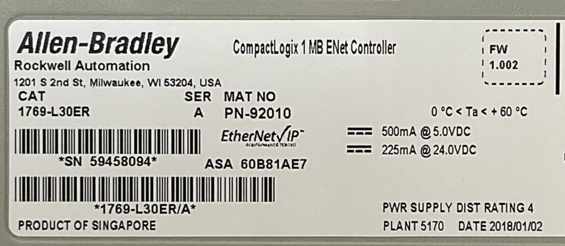ALLEN BRADLEY 1769-L30ER SER A FW 1.002 COMPACT LOGIX 1 MB ENET CONTROLLER