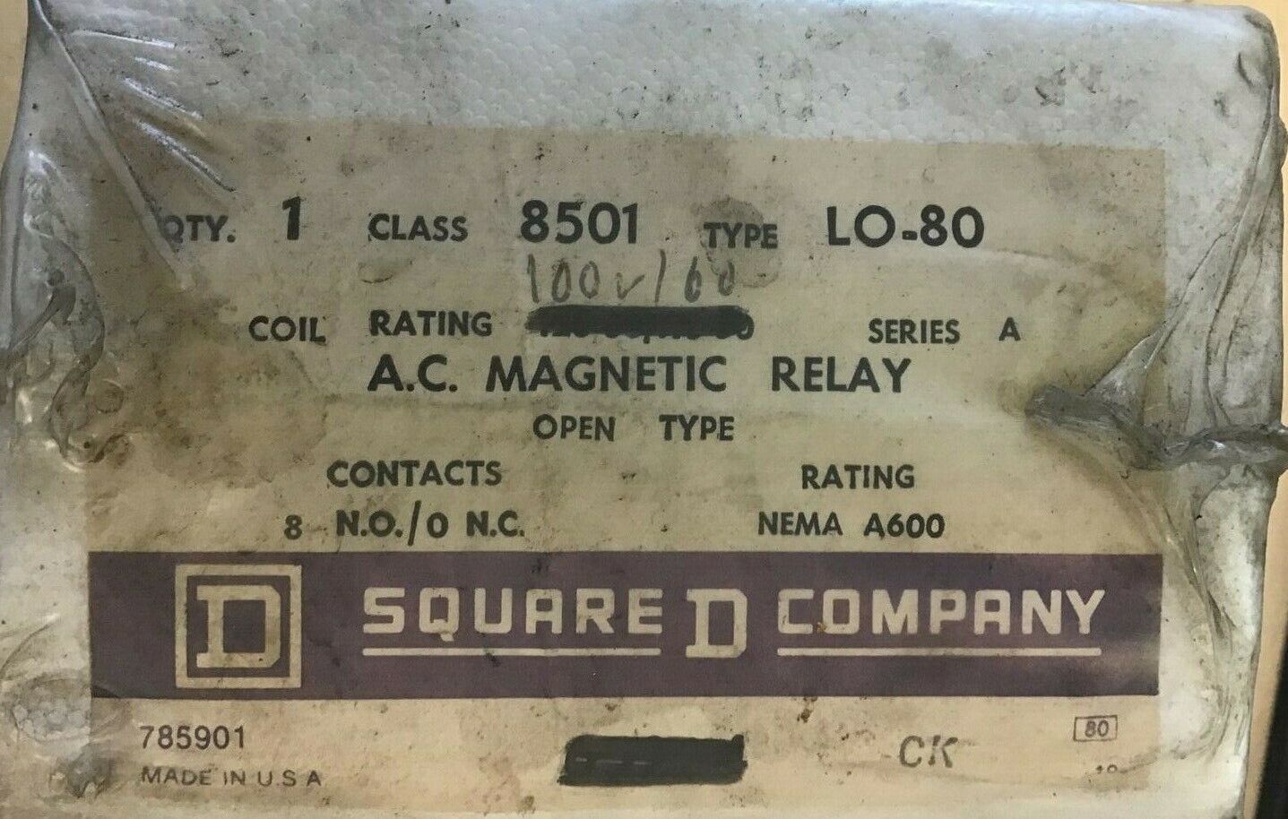 SQUARE D 8501 LO-80 AC MAGNETIC RELAY SER.A 120-60/110-50