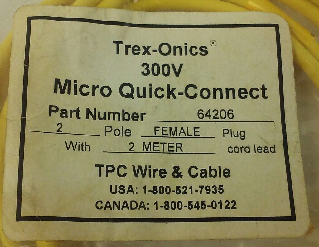 TREX-ONICS MICRO QUICK CONNECT CABLE 64206 2 POLE FEMALE W/ 2 METER **NEW**