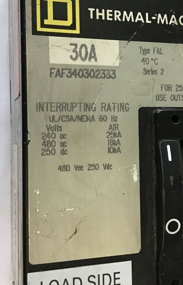 SQUARE D FAF340302333 CIRCUIT BREAKER 30A 250VDC 480VAC