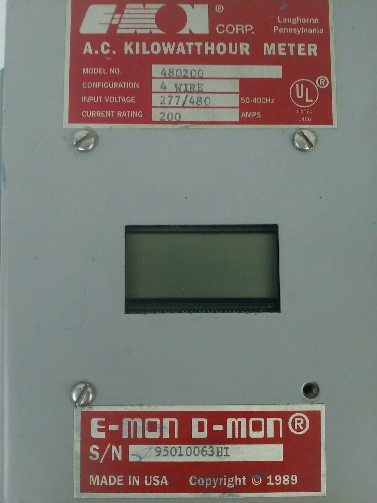 E-MON 480200 A.C. KILOWATTHOUR METER 4 WIRE 277/480V 50-400HZ 200 AMP TYPE 1