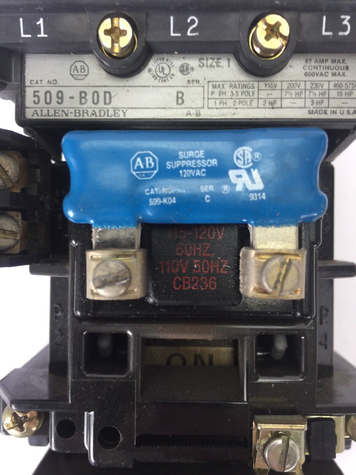 ALLEN BRADLEY 509-B0D SIZE 1 STARTER 600VAC 27AMP 10HP W50 HEATERS 120V COIL