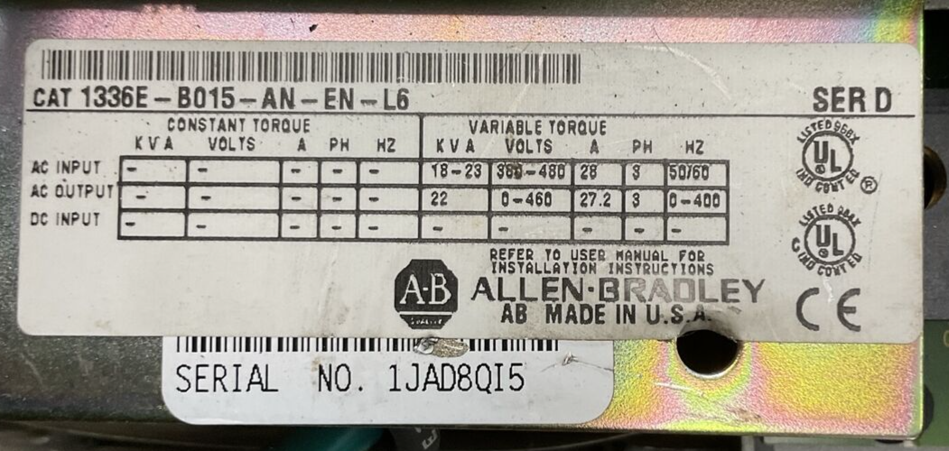 ALLEN BRADLEY 1336E-B015-AN-EN-L6 AC DRIVE OUTPUT 22KVA 0-460VAC 1201-HJ2 FRN